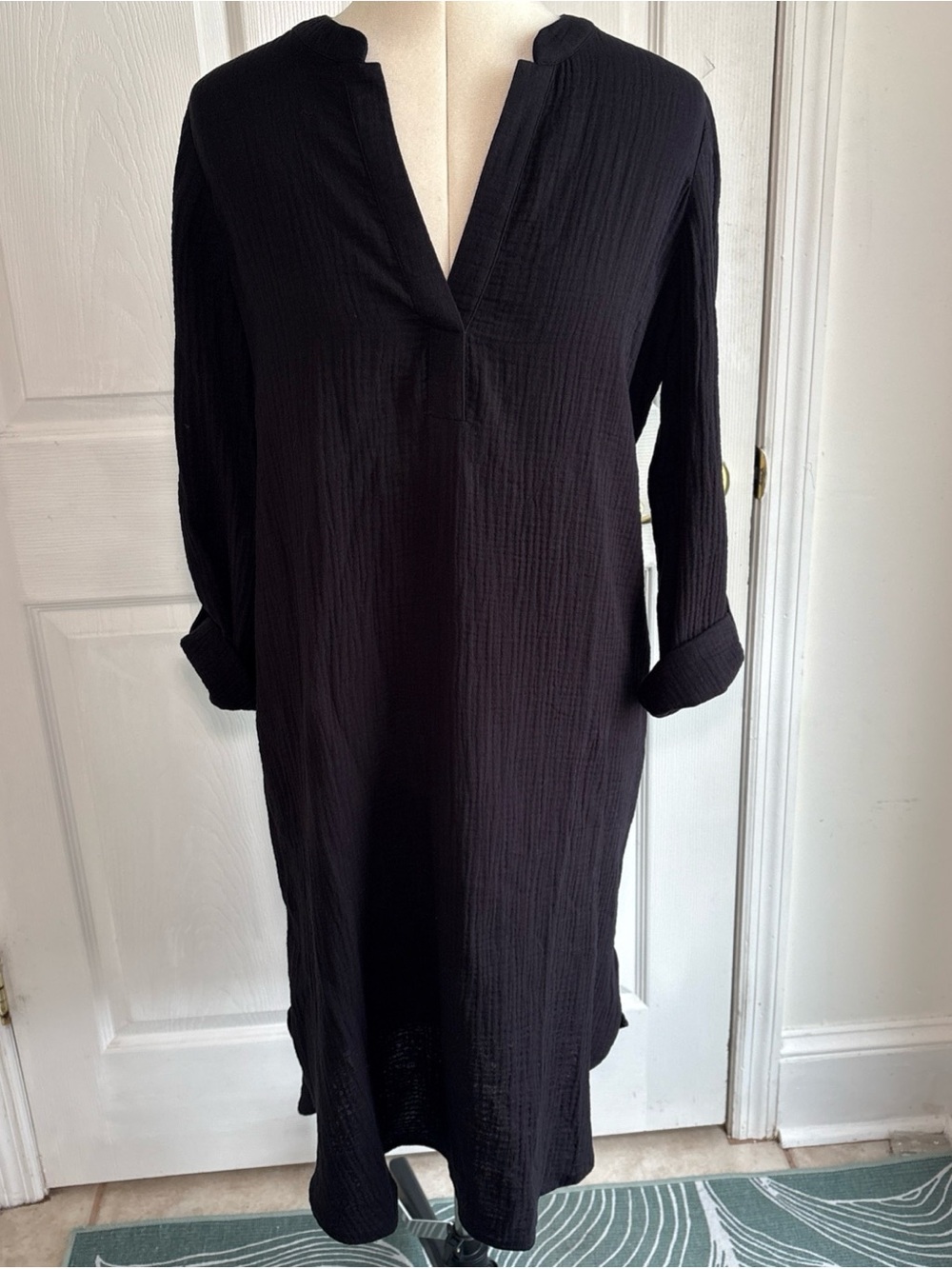 Chicos Black Women's V-Neck Long Sleeve 100% cotton Gauze midi Dress tunic